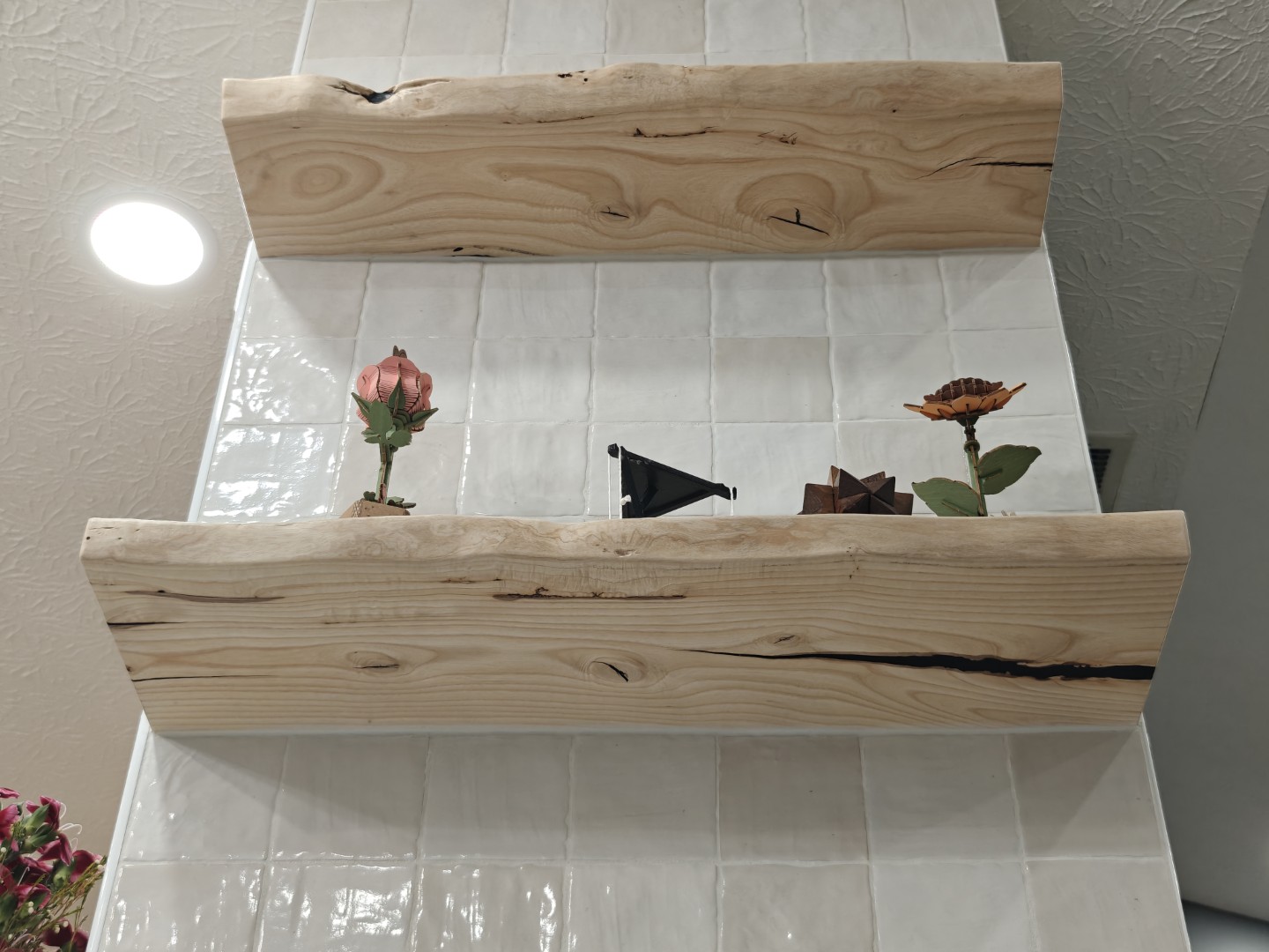 Live edge floating shelves in the kitchen