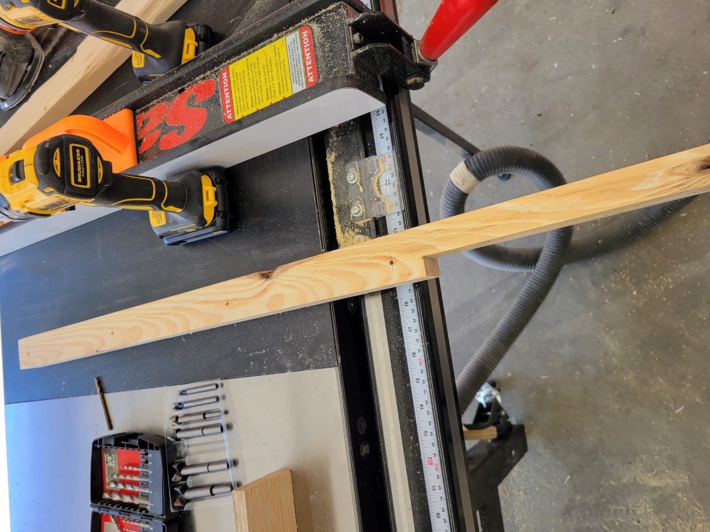 table saw left side extension board with holes drilled